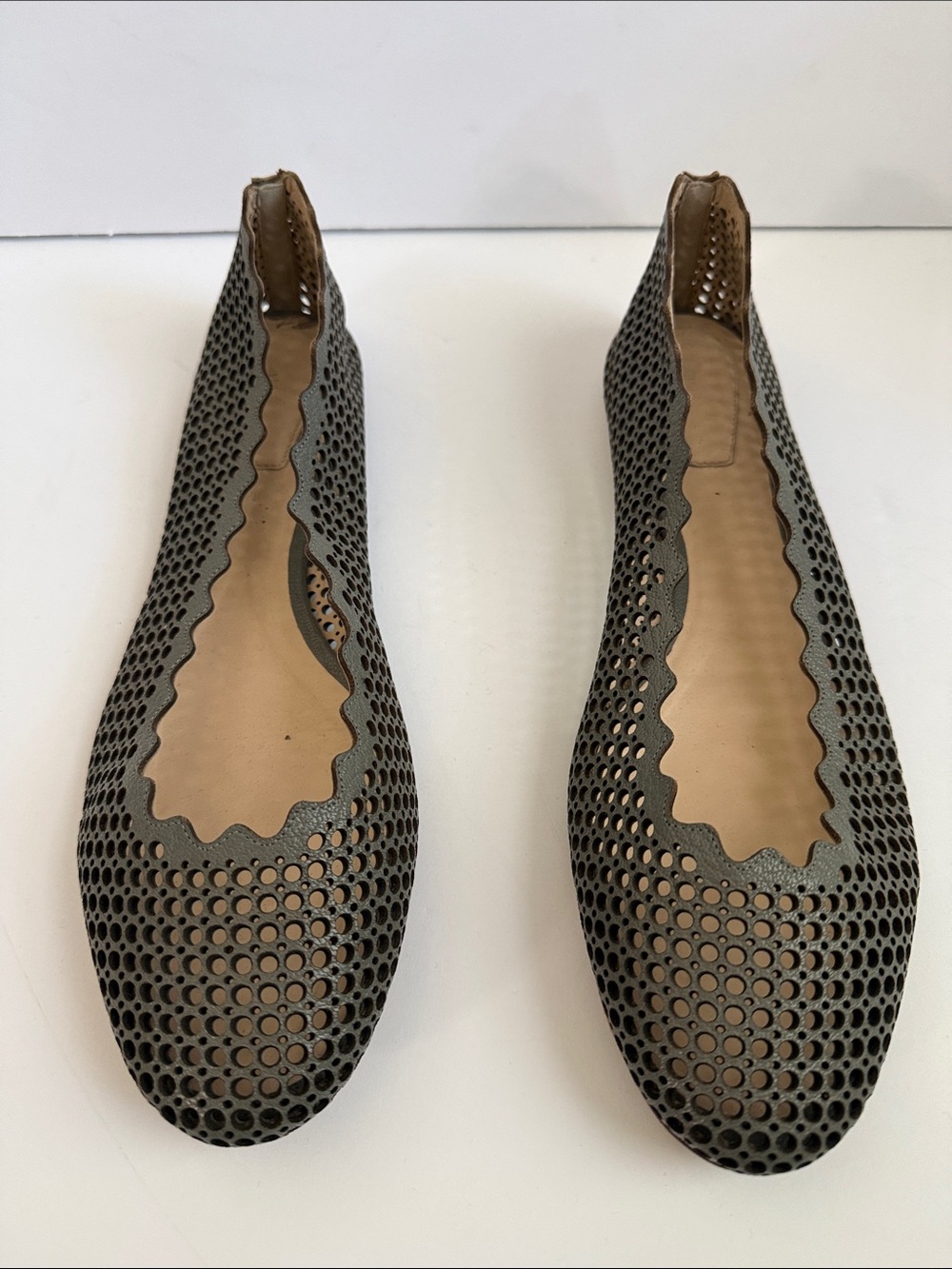 Chloe Women's Pewter Leather Laser-Cut with Scalloped Edge Flats
